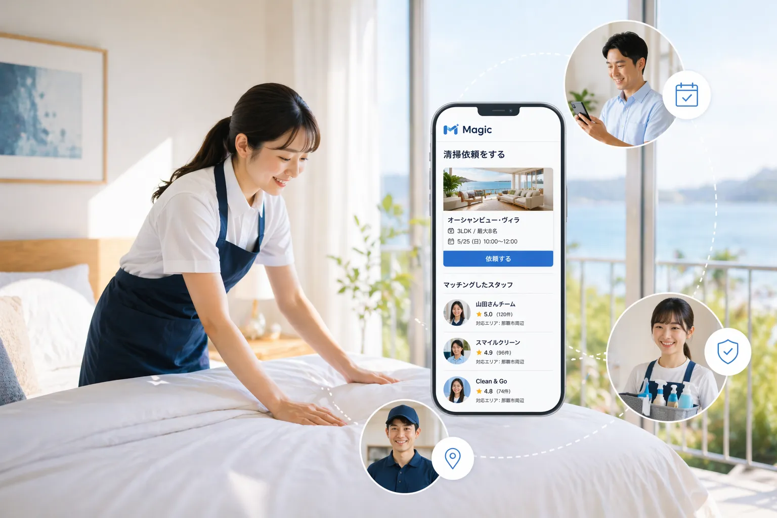 清掃スタッフと宿泊施設の室内イメージ